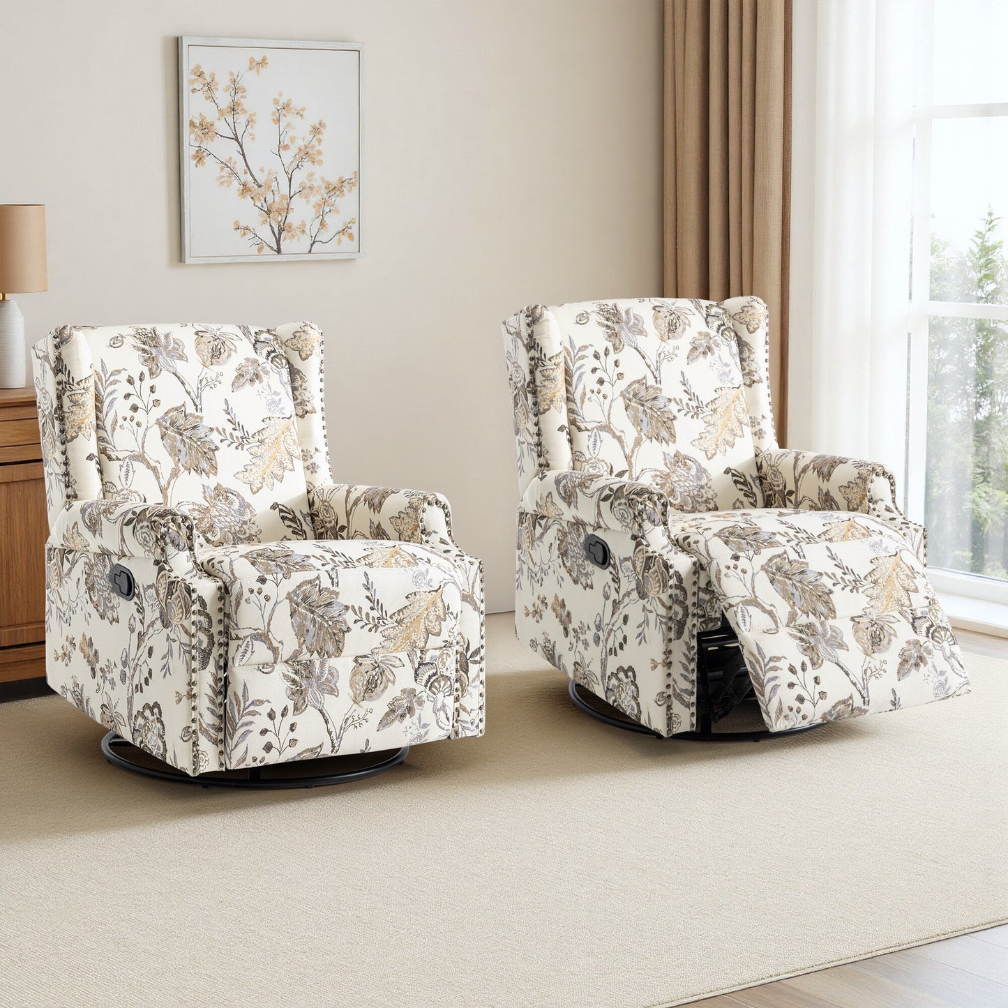 Floral Linen Manual Recliner Chair with Footrest set of 2