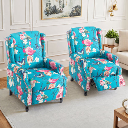 Floral Linen Manual Recliner Chair with Footrest set of 2