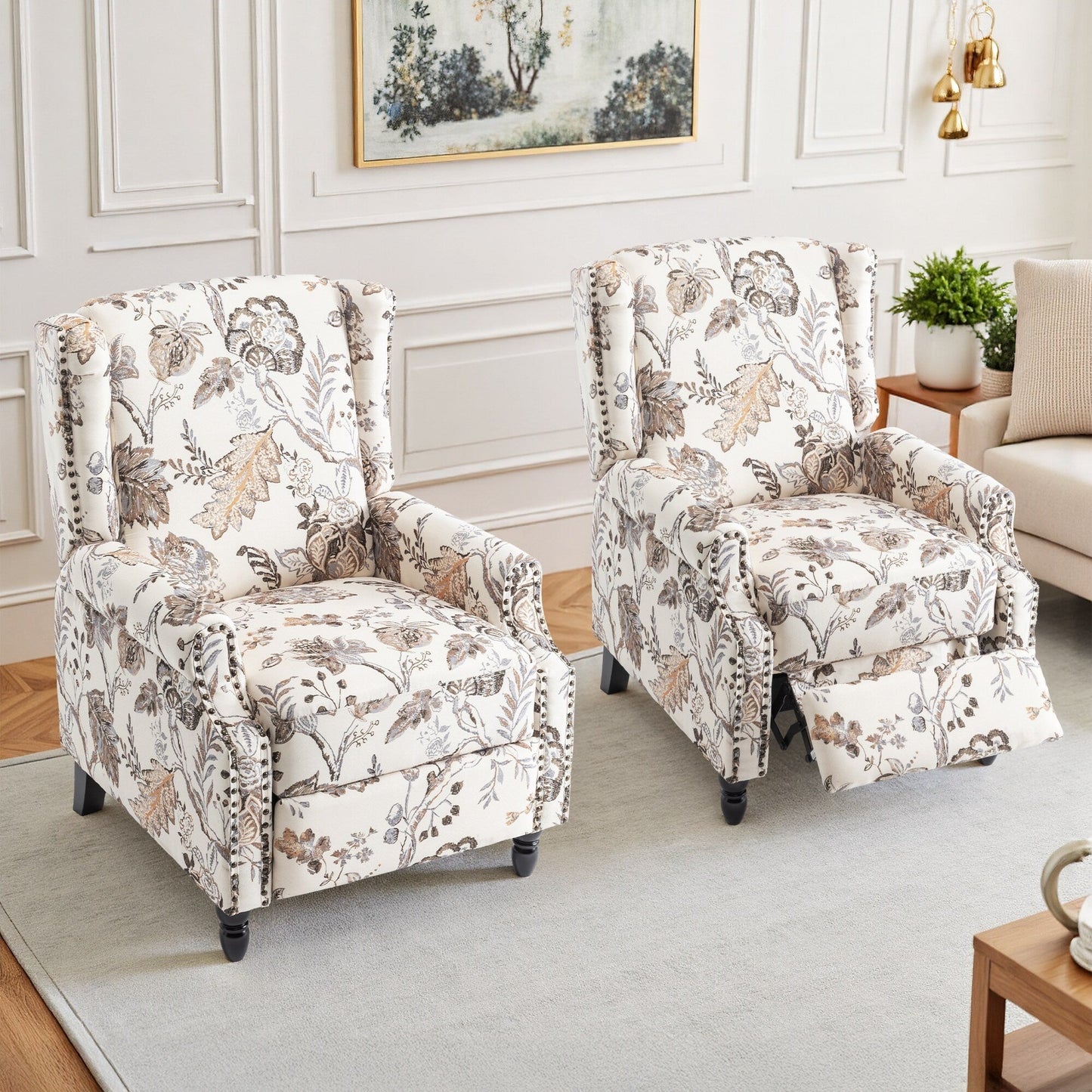 Floral Linen Manual Recliner Chair with Footrest set of 2