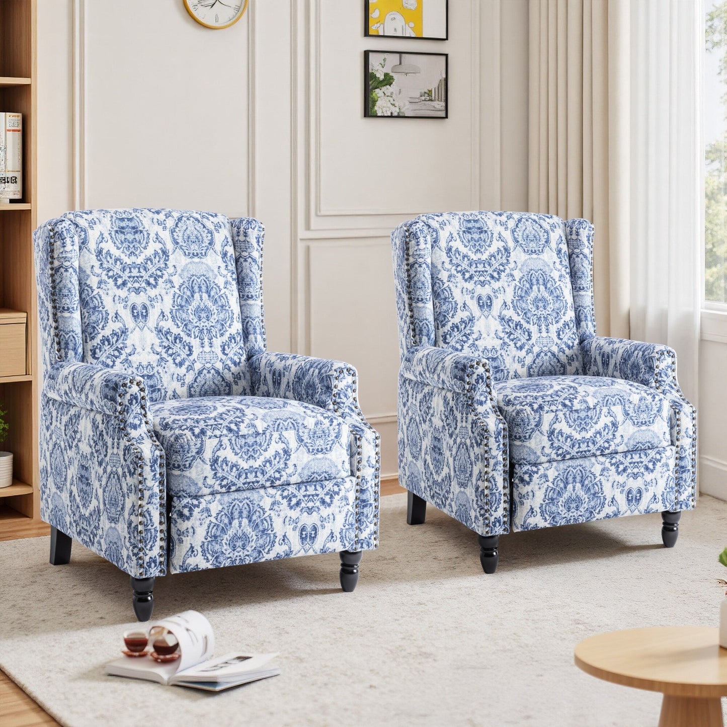 Floral Linen Manual Recliner Chair with Footrest set of 2