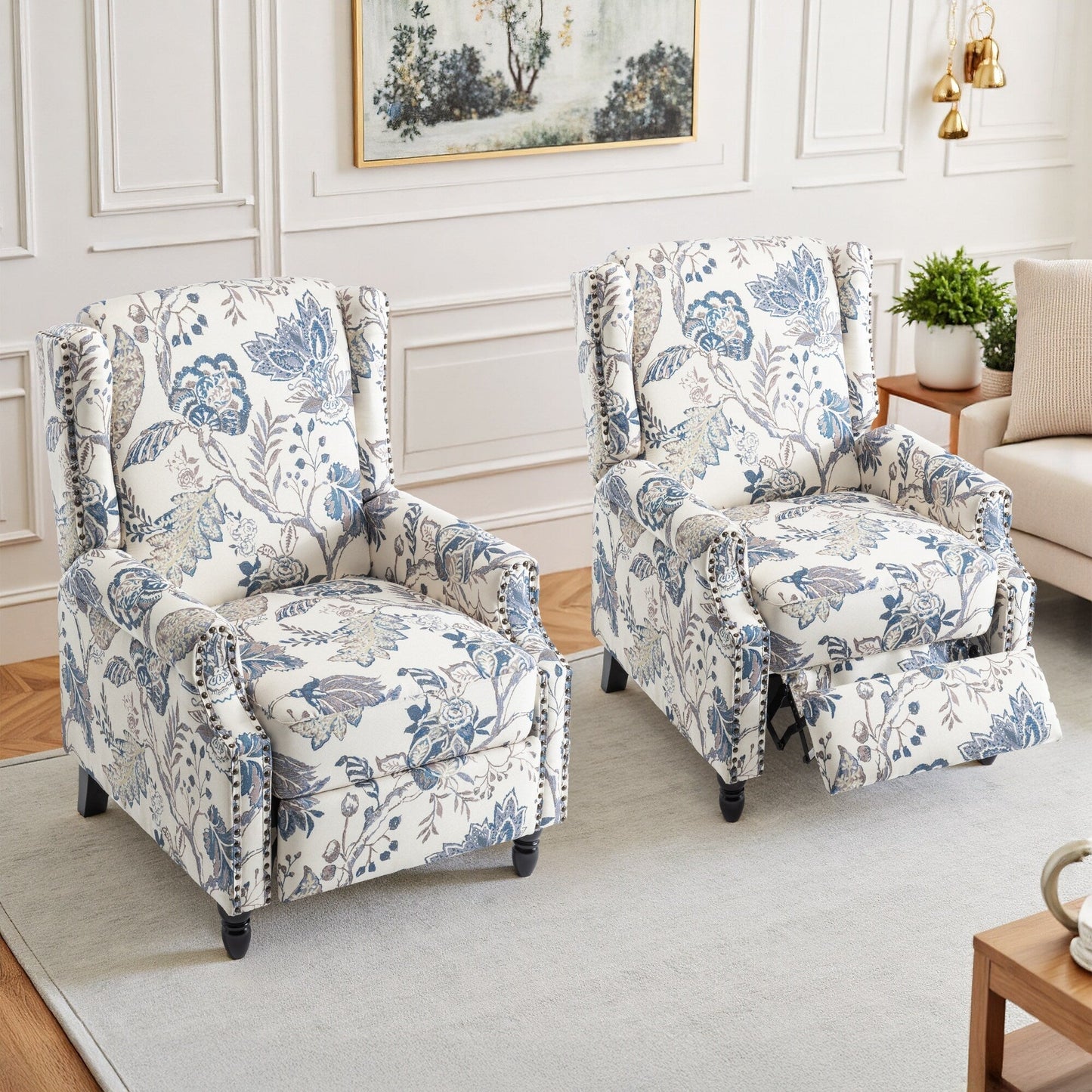 Floral Linen Manual Recliner Chair with Footrest set of 2