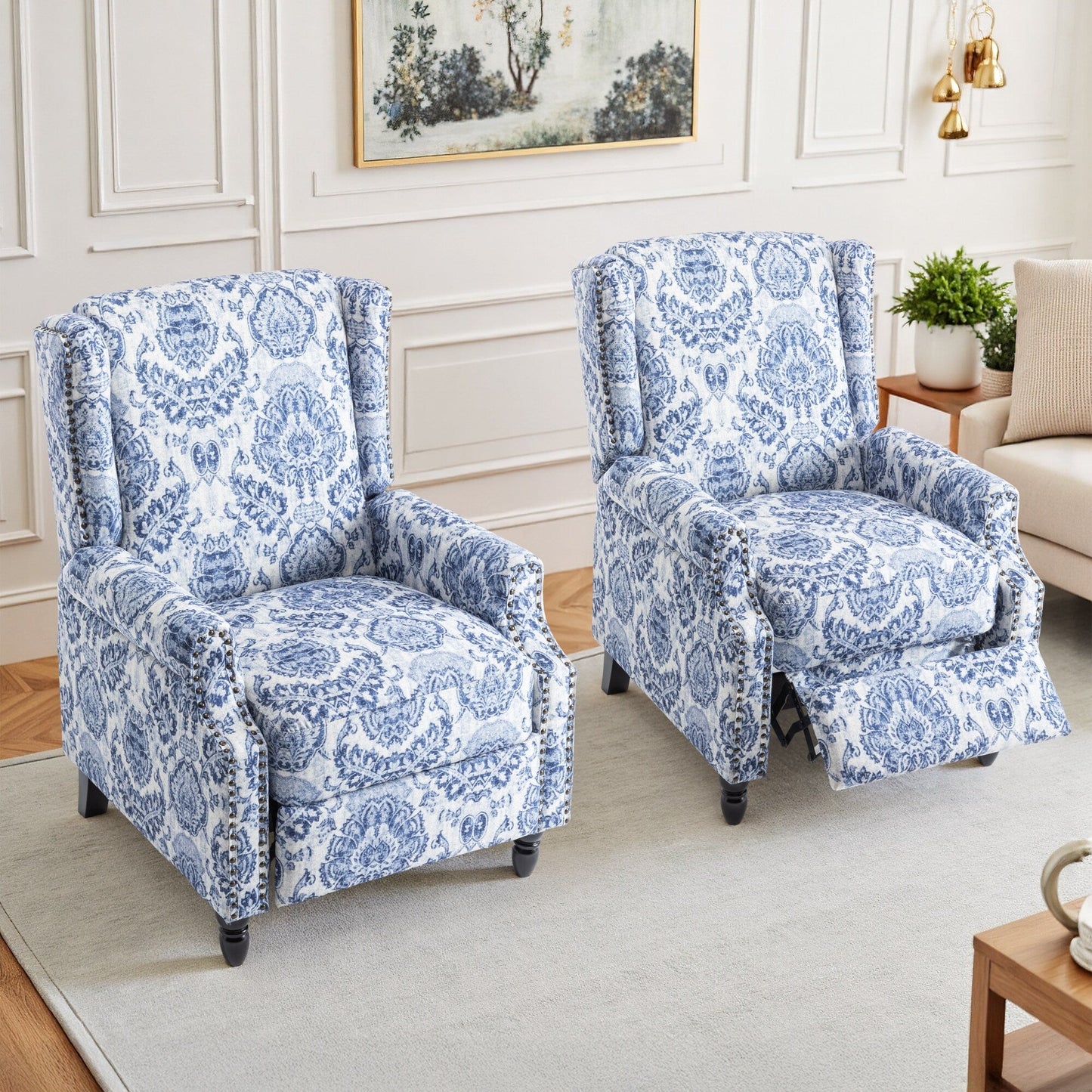 Floral Linen Manual Recliner Chair with Footrest set of 2