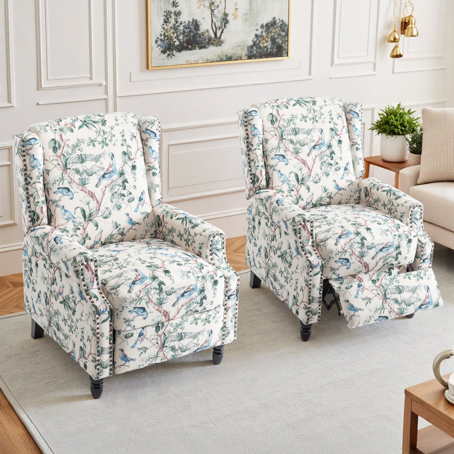 Floral Linen Manual Recliner Chair with Footrest set of 2