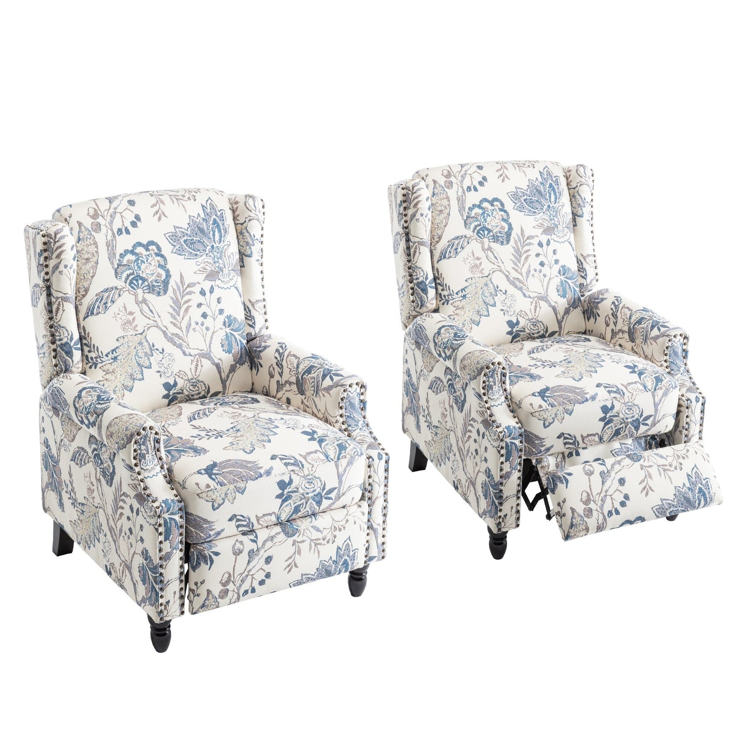 Floral Linen Manual Recliner Chair with Footrest set of 2