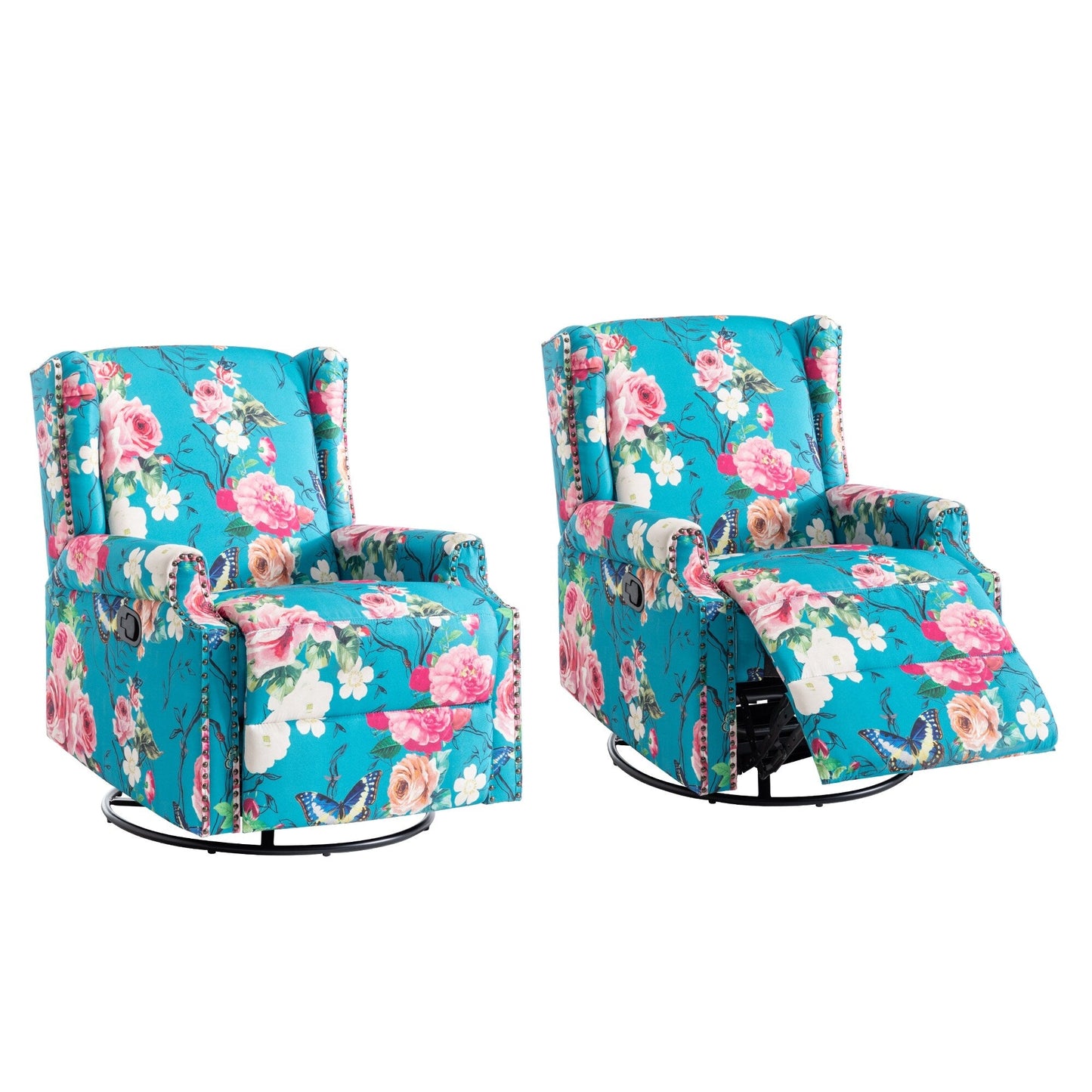Floral Linen Manual Recliner Chair with Footrest set of 2