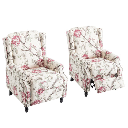 Floral Linen Manual Recliner Chair with Footrest set of 2