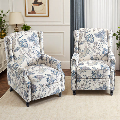 Floral Linen Manual Recliner Chair with Footrest set of 2