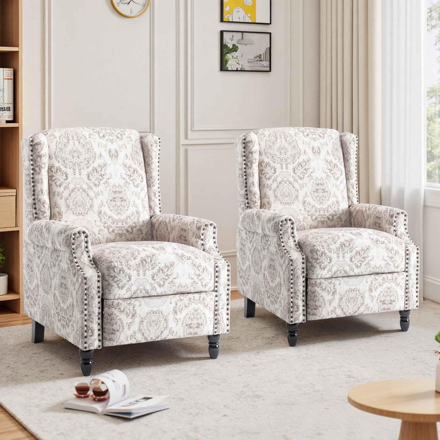 Floral Linen Manual Recliner Chair with Footrest set of 2