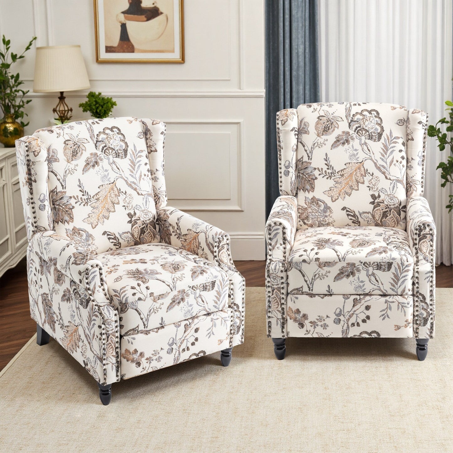 Floral Linen Manual Recliner Chair with Footrest set of 2