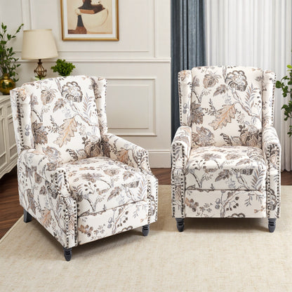 Floral Linen Manual Recliner Chair with Footrest set of 2