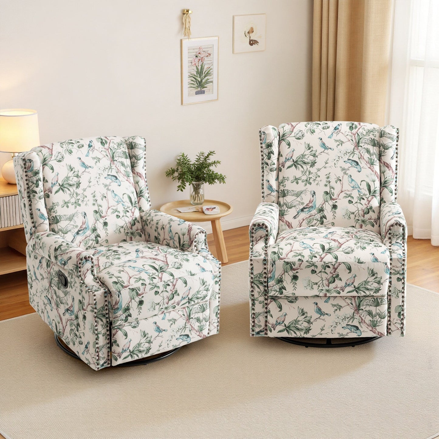 Floral Linen Manual Recliner Chair with Footrest set of 2