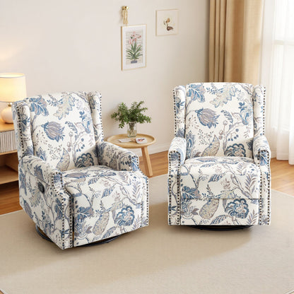 Floral Linen Manual Recliner Chair with Footrest set of 2