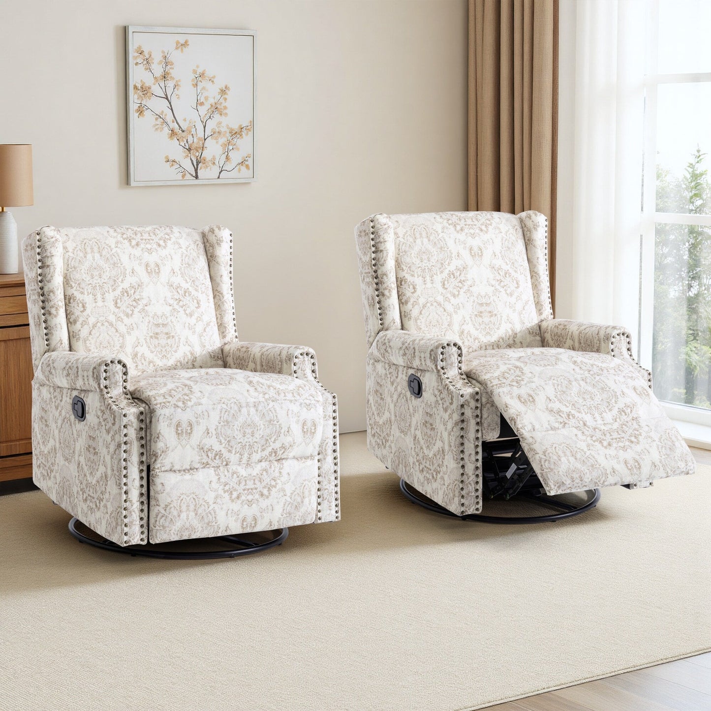 Floral Linen Manual Recliner Chair with Footrest set of 2