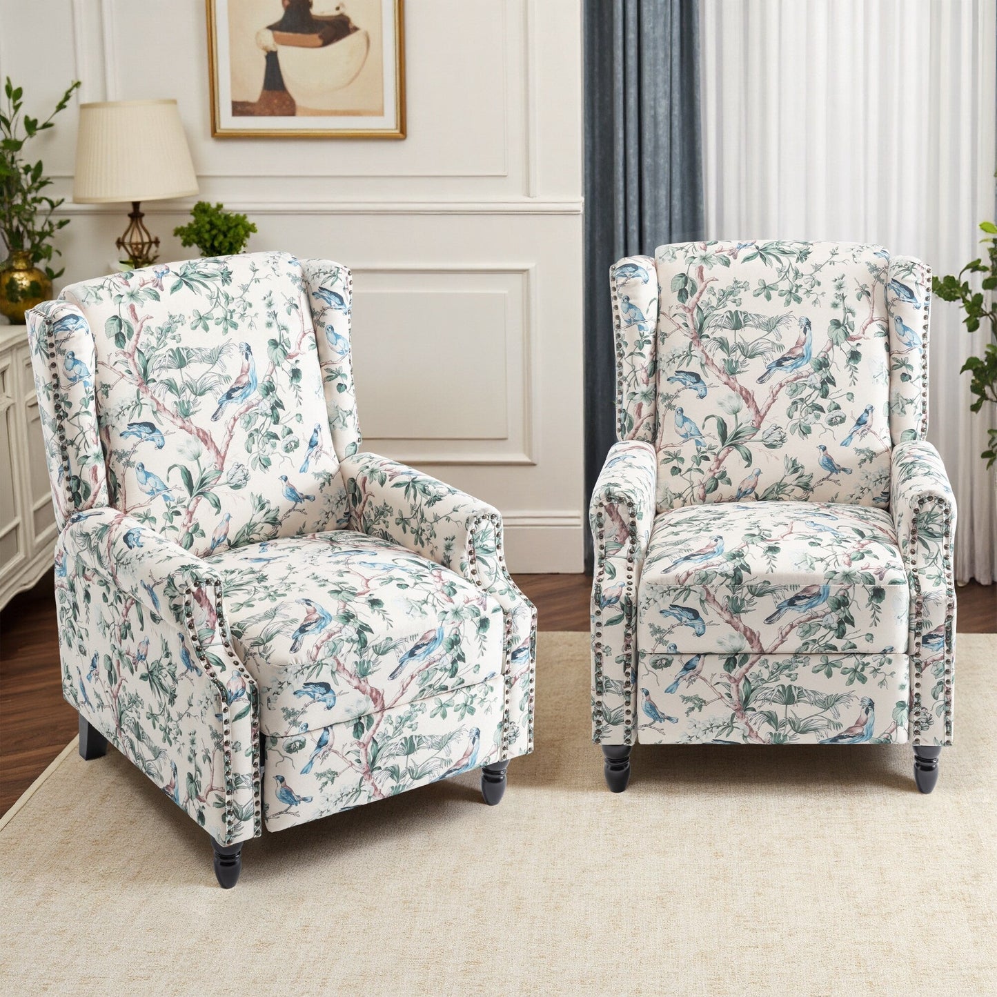 Floral Linen Manual Recliner Chair with Footrest set of 2