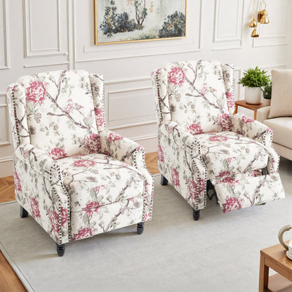 Floral Linen Manual Recliner Chair with Footrest set of 2