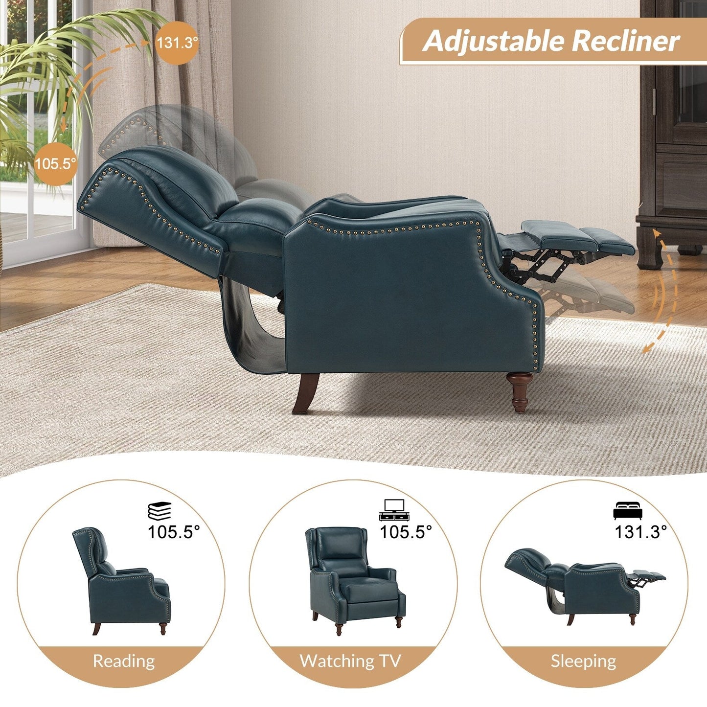 Florens Genuine Leather Recliner with Nailhead Trims by HULALA HOME