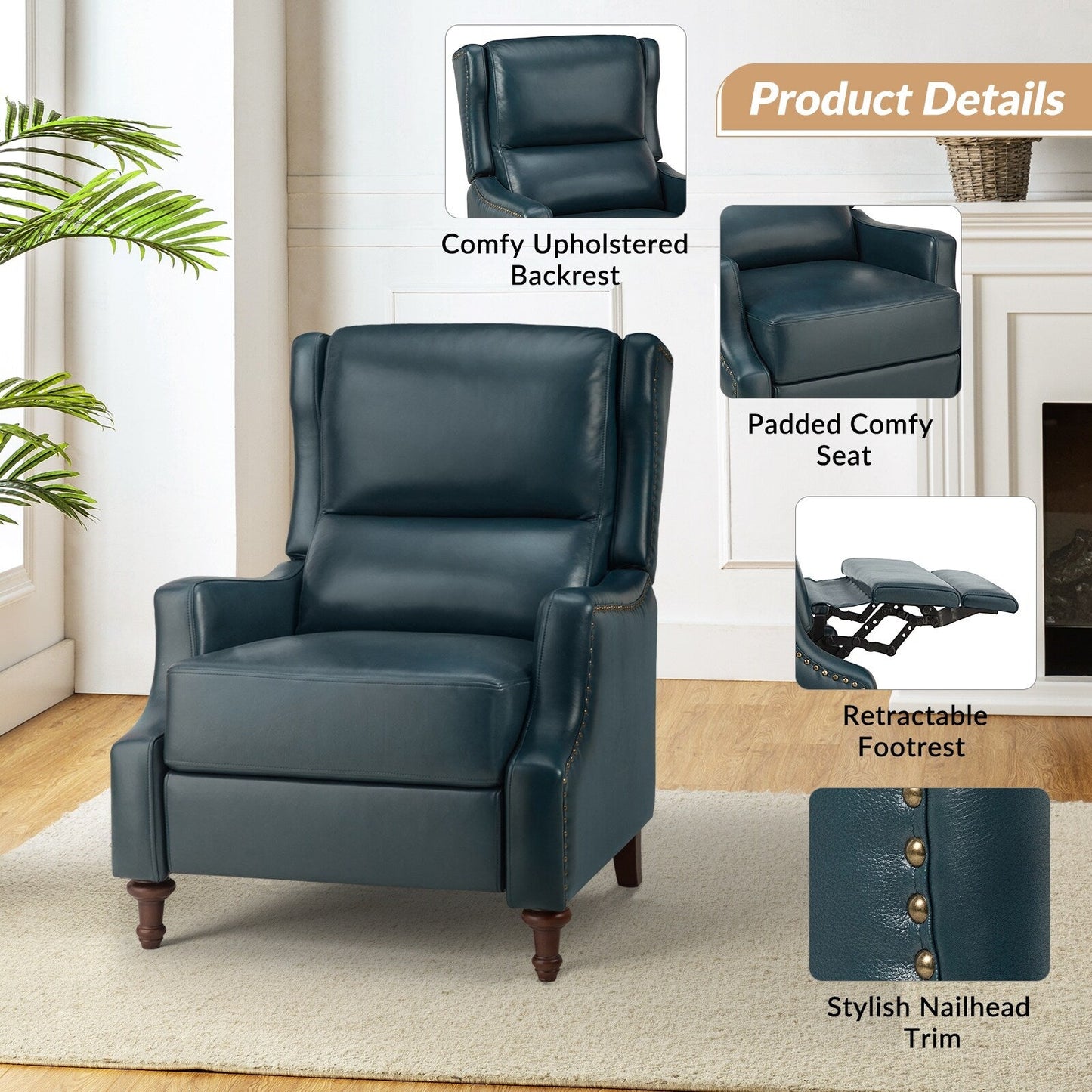 Florens Genuine Leather Recliner with Nailhead Trims by HULALA HOME