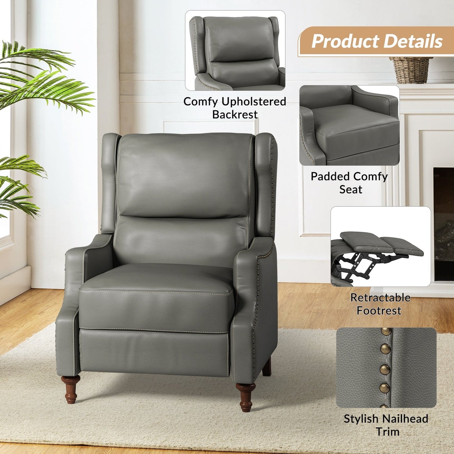 Florens Genuine Leather Recliner with Nailhead Trims by HULALA HOME