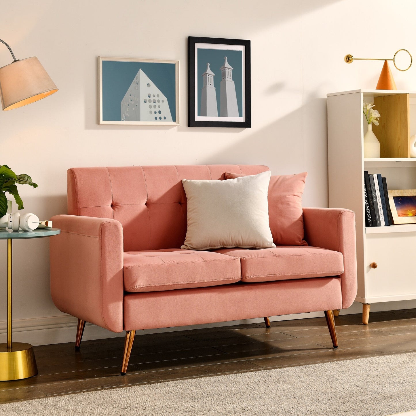 Foam Button Tufted Loveseat Sofa with Iron Legs