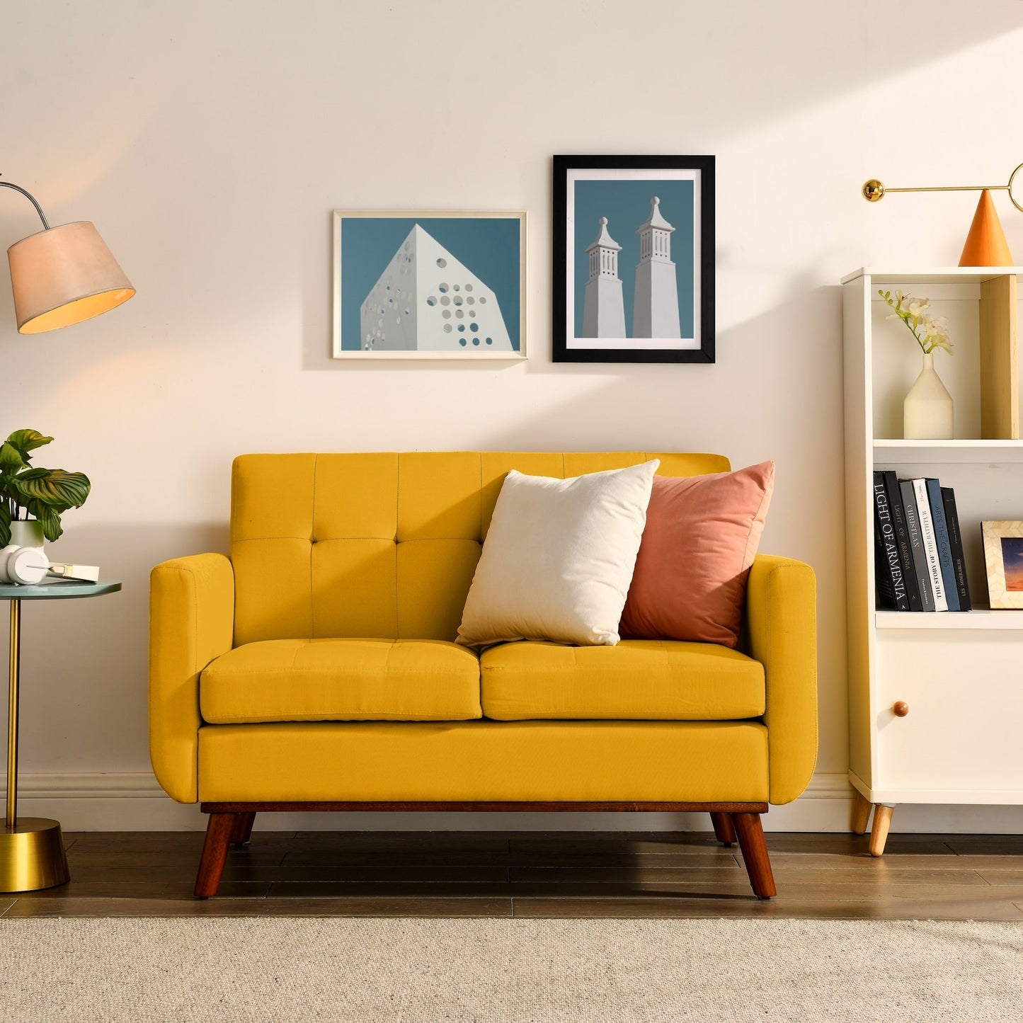 Foam Button Tufted Loveseat Sofa with Iron Legs