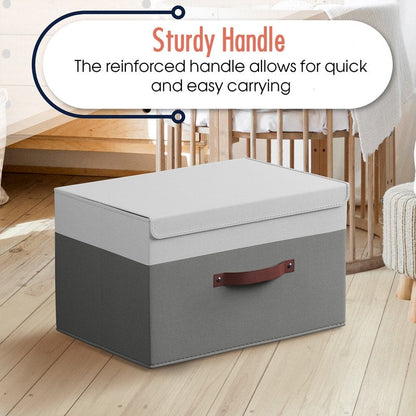 Foldable Collapsible Large Storage Box Bins Linen Fabric Shelf Basket with Leather Handles and Lid - Set of 3