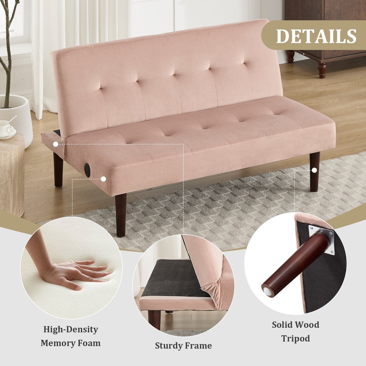 Foldable Fashion Sofa Bed High End Flannel Fabric Back Adjustable Sofa Recliner Futon, Modern Fashion Sofa with Charging Port