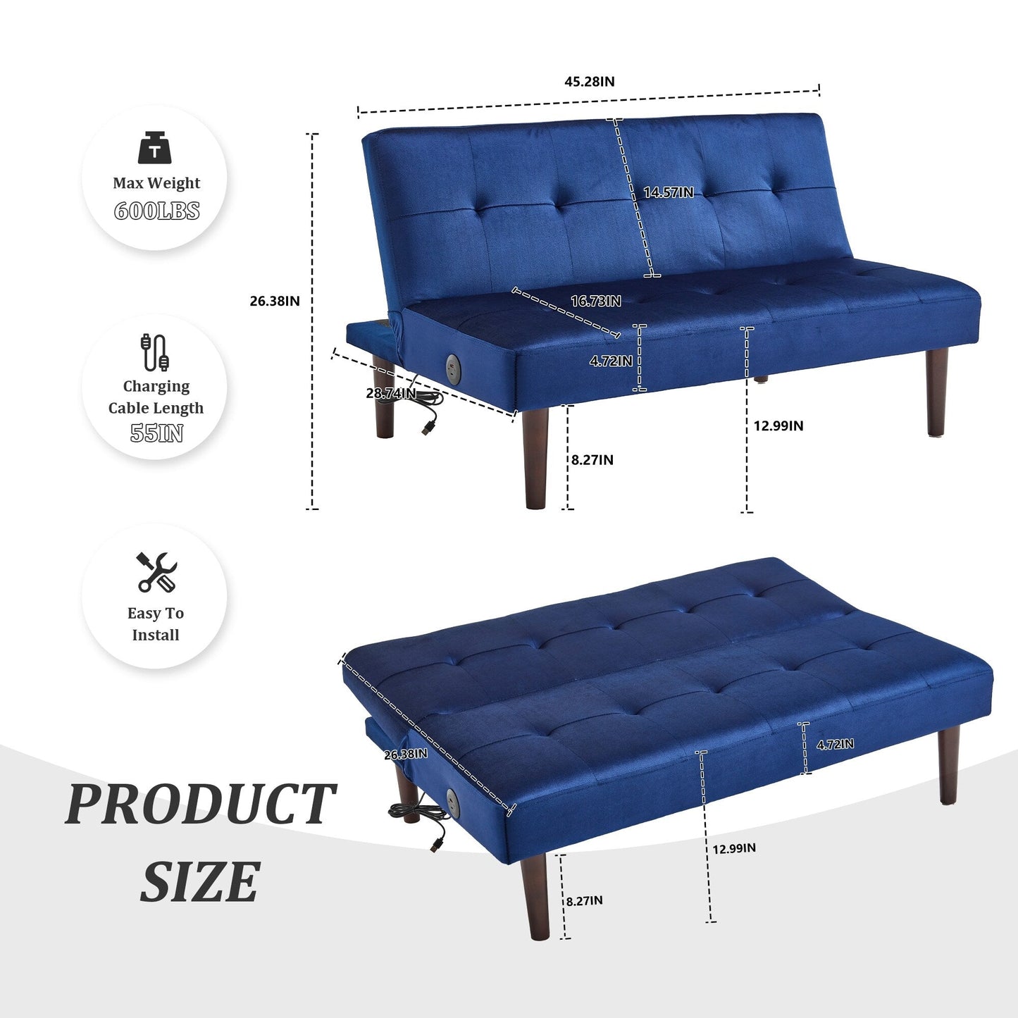 Foldable Fashion Sofa Bed High End Flannel Fabric Back Adjustable Sofa Recliner Futon, Modern Fashion Sofa with Charging Port