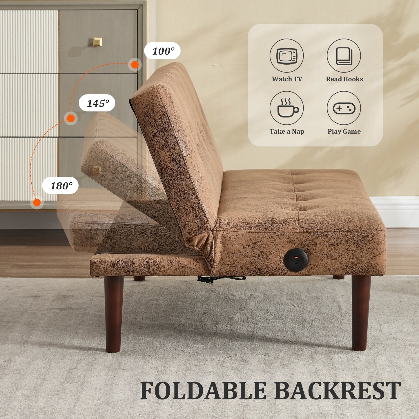 Foldable Fashion Sofa Bed High End Flannel Fabric Back Adjustable Sofa Recliner Futon, Modern Fashion Sofa with Charging Port