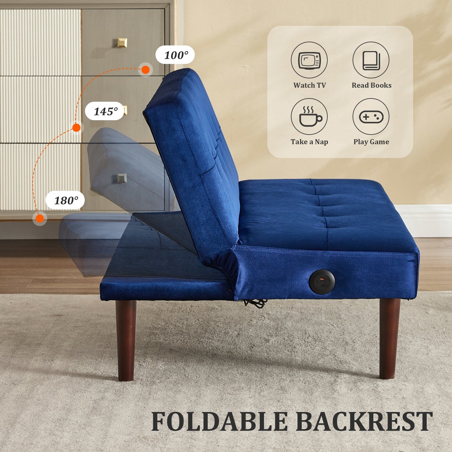 Foldable Fashion Sofa Bed High End Flannel Fabric Back Adjustable Sofa Recliner Futon, Modern Fashion Sofa with Charging Port