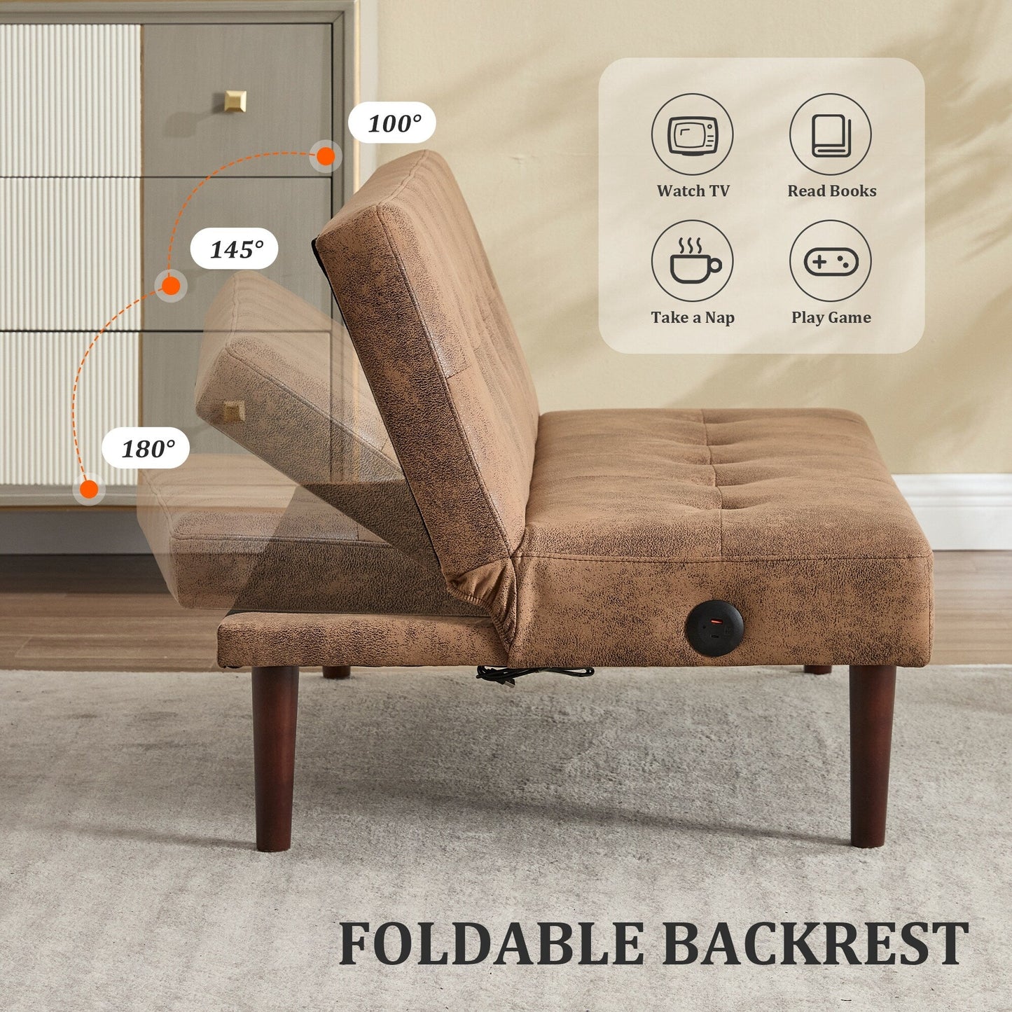 Foldable Fashion Sofa Bed High End Flannel Fabric Back Adjustable Sofa Recliner Futon, Modern Fashion Sofa with Charging Port