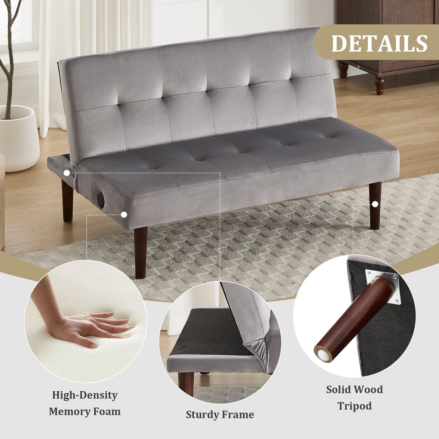 Foldable Fashion Sofa Bed High End Flannel Fabric Back Adjustable Sofa Recliner Futon, Modern Fashion Sofa with Charging Port