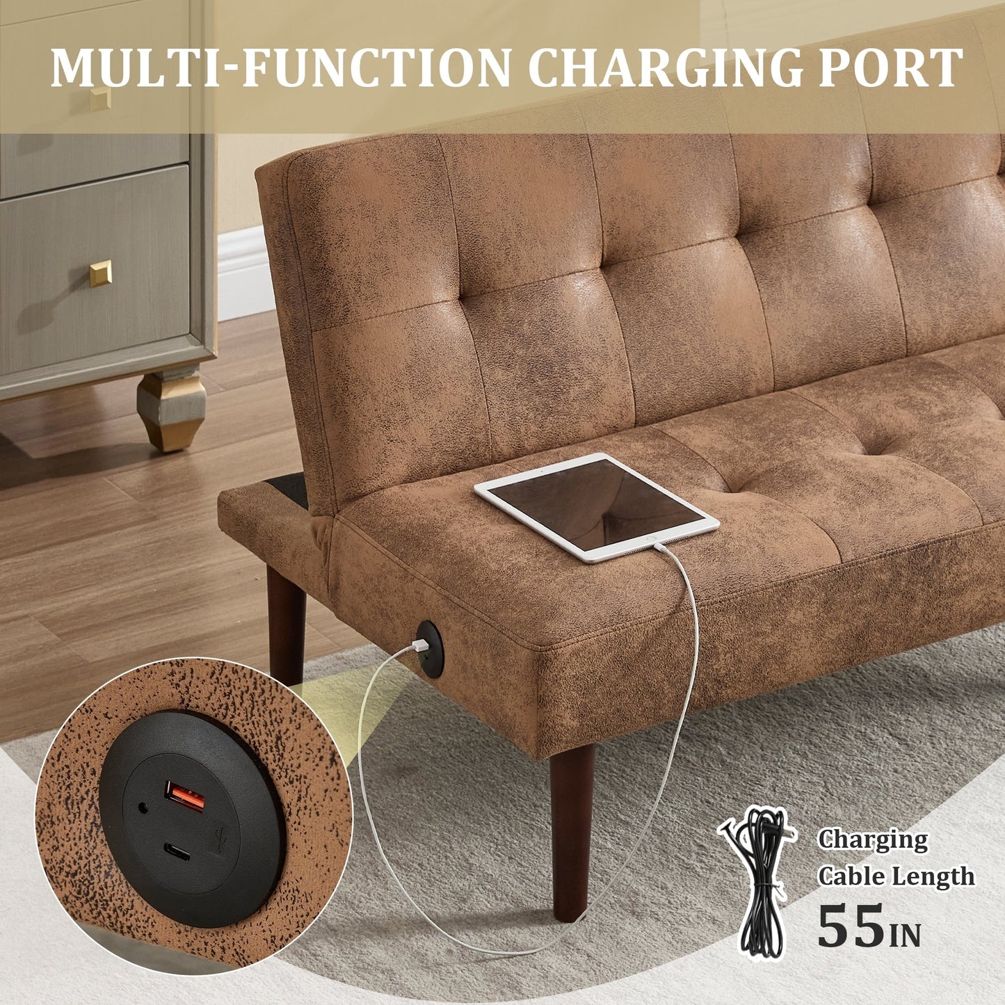Foldable Fashion Sofa Bed High End Flannel Fabric Back Adjustable Sofa Recliner Futon, Modern Fashion Sofa with Charging Port
