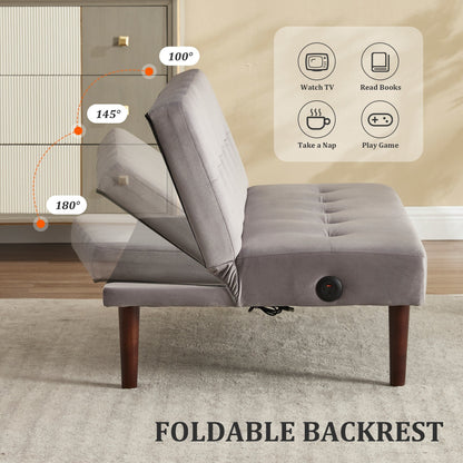 Foldable Fashion Sofa Bed High End Flannel Fabric Back Adjustable Sofa Recliner Futon, Modern Fashion Sofa with Charging Port