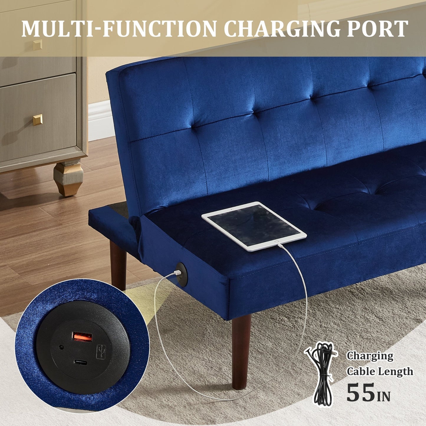 Foldable Fashion Sofa Bed High End Flannel Fabric Back Adjustable Sofa Recliner Futon, Modern Fashion Sofa with Charging Port