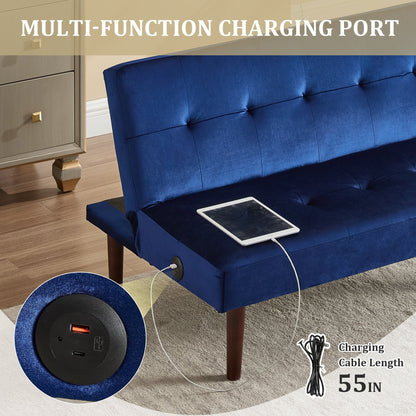 Foldable Fashion Sofa Bed High End Flannel Fabric Back Adjustable Sofa Recliner Futon, Modern Fashion Sofa with Charging Port