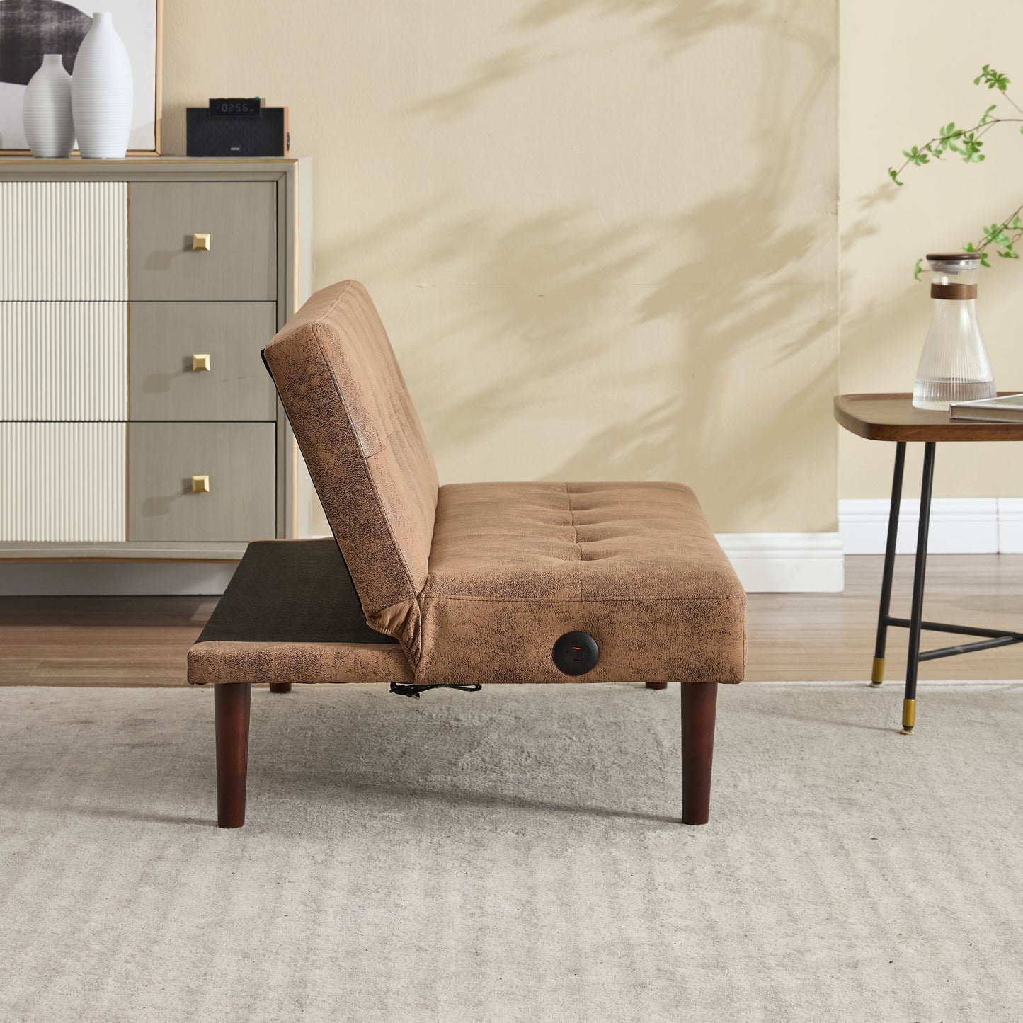 Foldable Fashion Sofa Bed High End Flannel Fabric Back Adjustable Sofa Recliner Futon, Modern Fashion Sofa with Charging Port