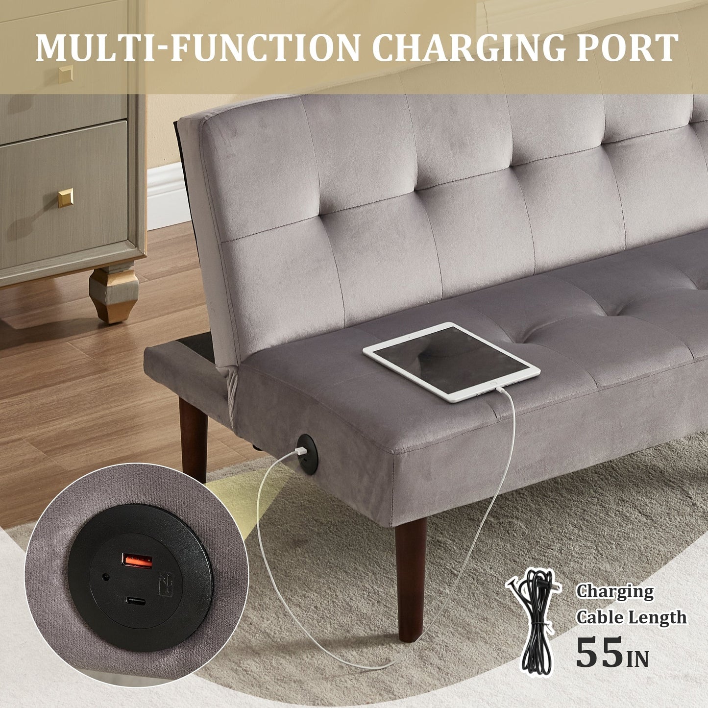 Foldable Fashion Sofa Bed High End Flannel Fabric Back Adjustable Sofa Recliner Futon, Modern Fashion Sofa with Charging Port
