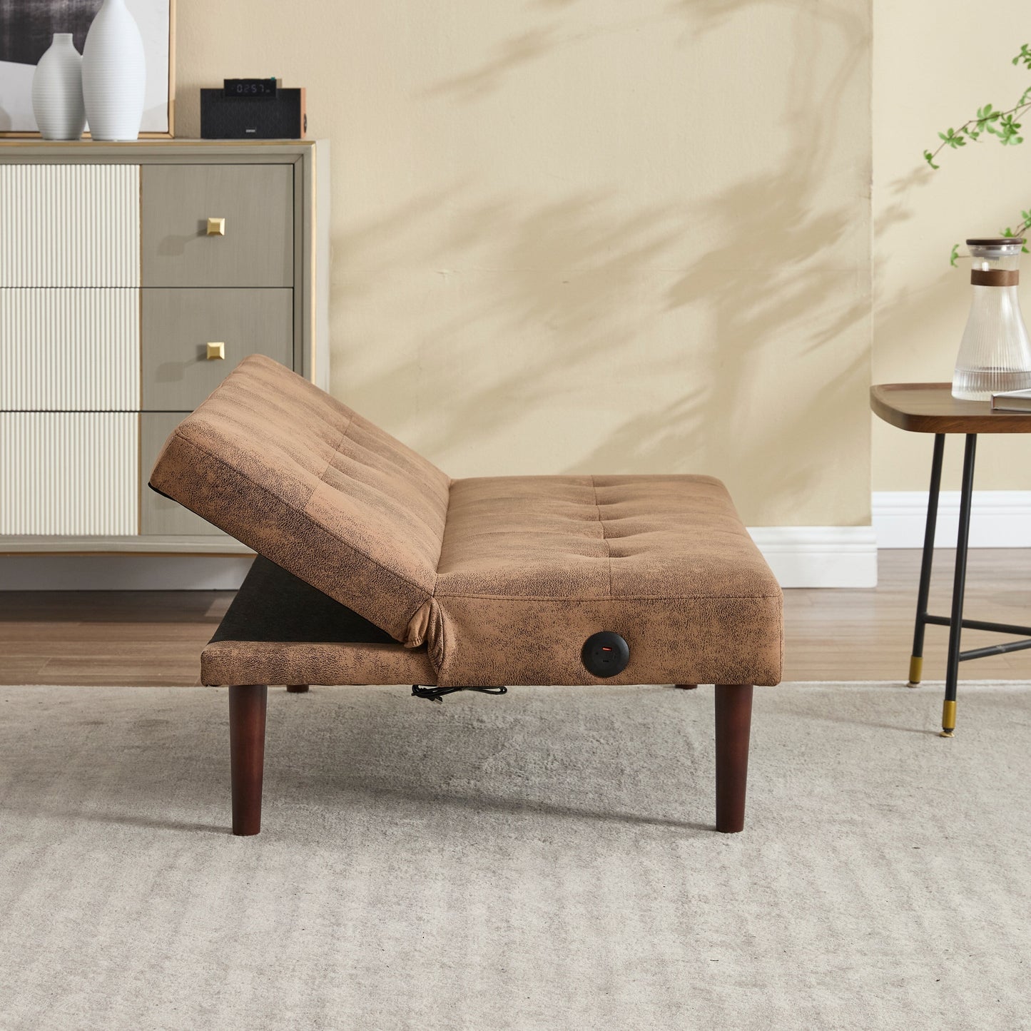 Foldable Fashion Sofa Bed High End Flannel Fabric Back Adjustable Sofa Recliner Futon, Modern Fashion Sofa with Charging Port
