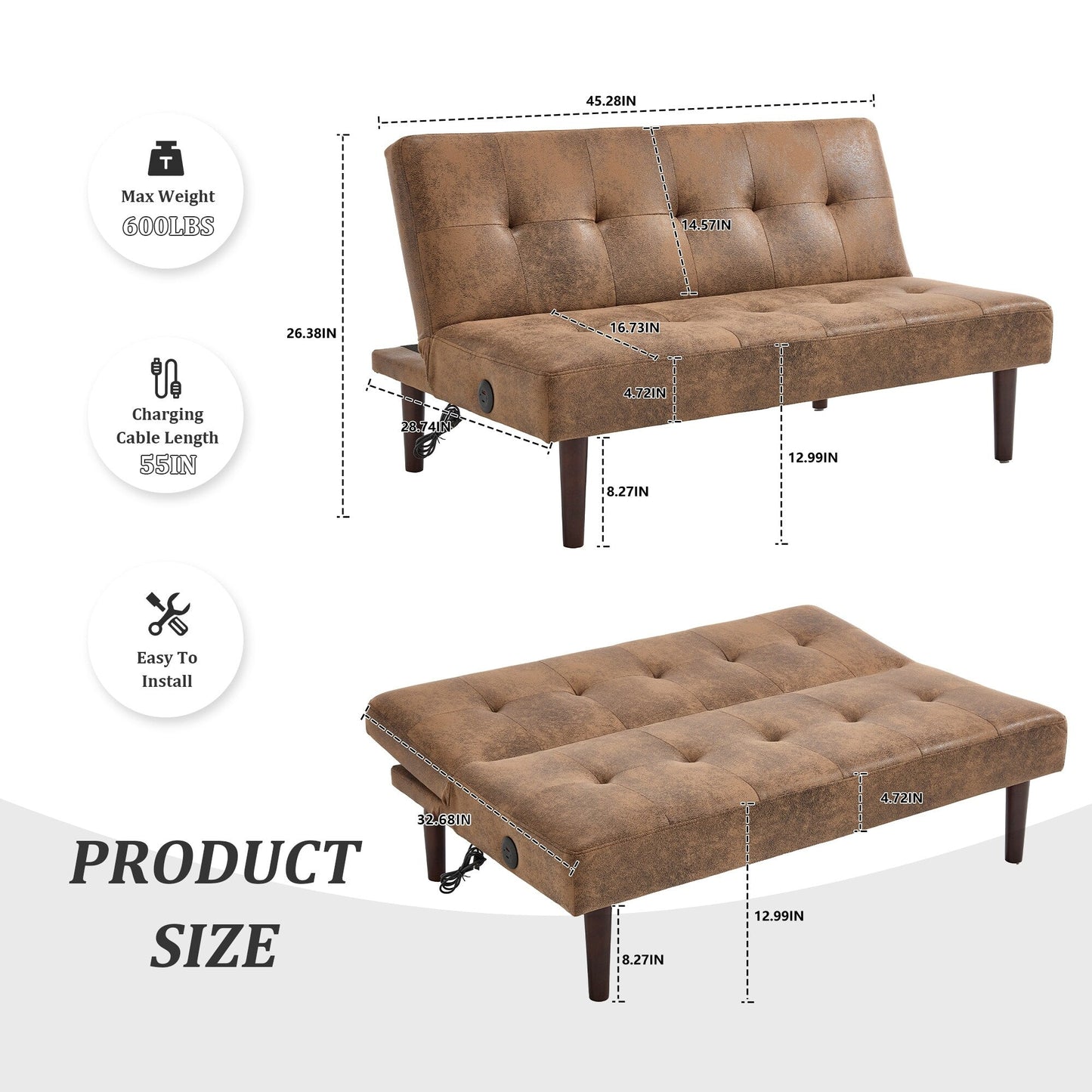 Foldable Fashion Sofa Bed High End Flannel Fabric Back Adjustable Sofa Recliner Futon, Modern Fashion Sofa with Charging Port