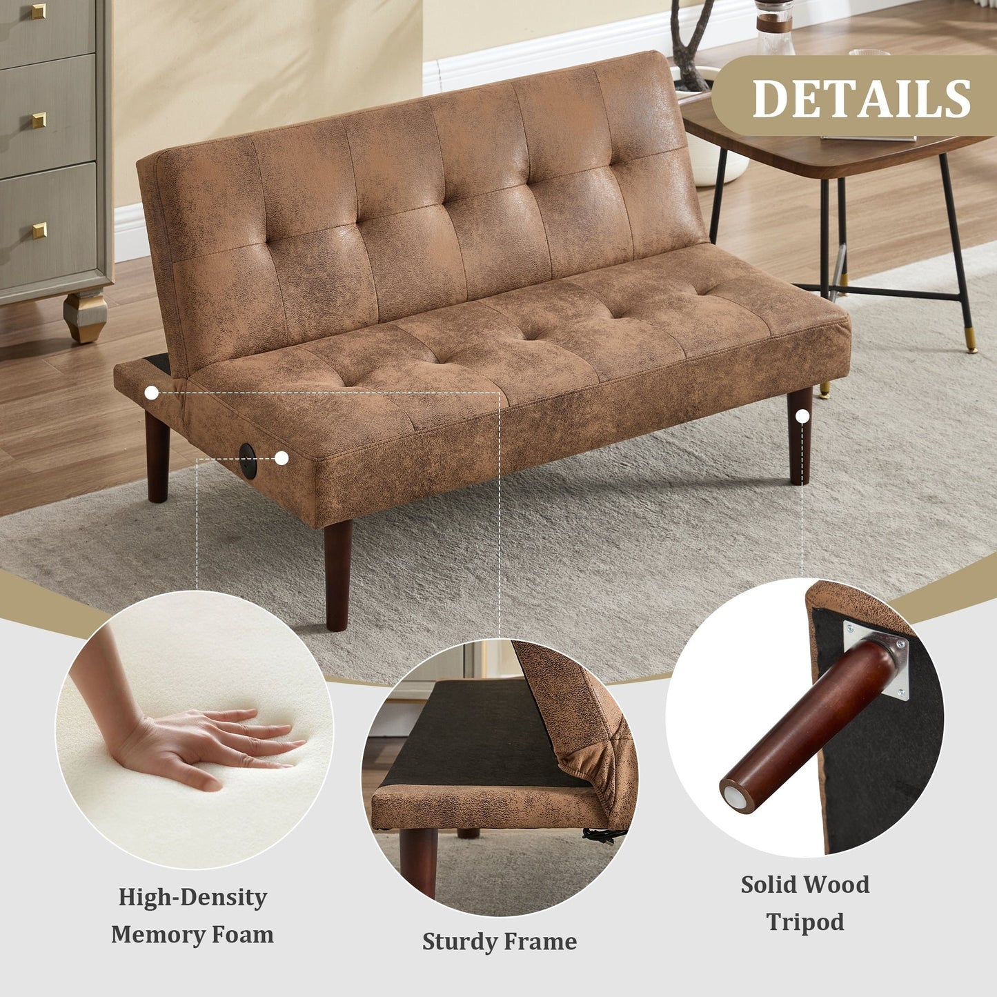 Foldable Fashion Sofa Bed High End Flannel Fabric Back Adjustable Sofa Recliner Futon, Modern Fashion Sofa with Charging Port