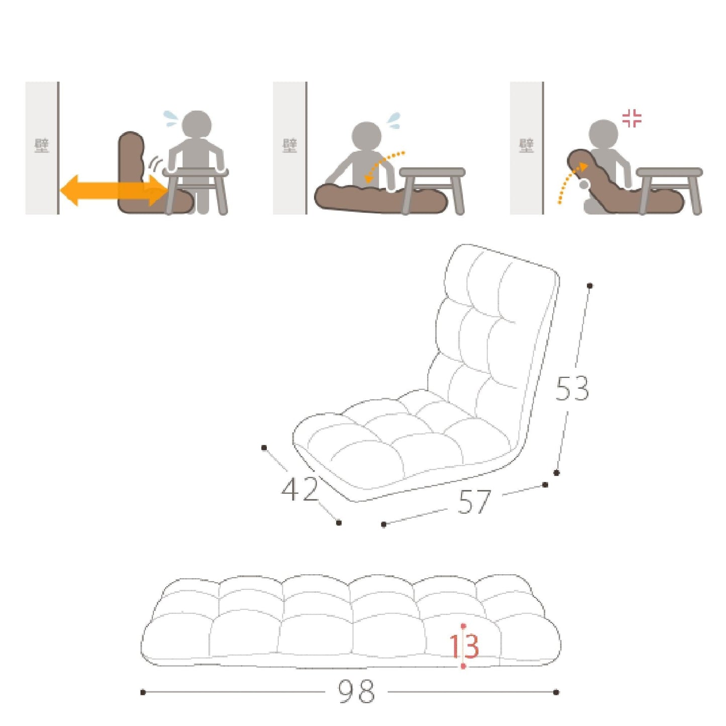 Folding Lounge Chaise for Living Room and Bedroom, 5 Reclining Position, adjustable Foldable Leisure Sofa Video Gaming Sofa