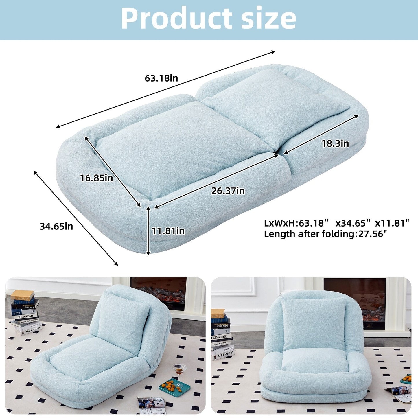 Folding Sofa Chair with 5 Adjustable Positions Plush Floor Lounge Chair for Gaming, Meditation, and Relaxation