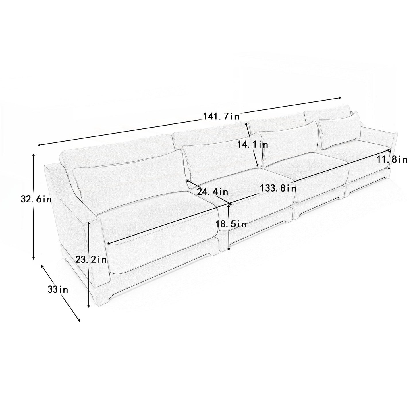 Four seater chenille sofa with lumbar pillow
