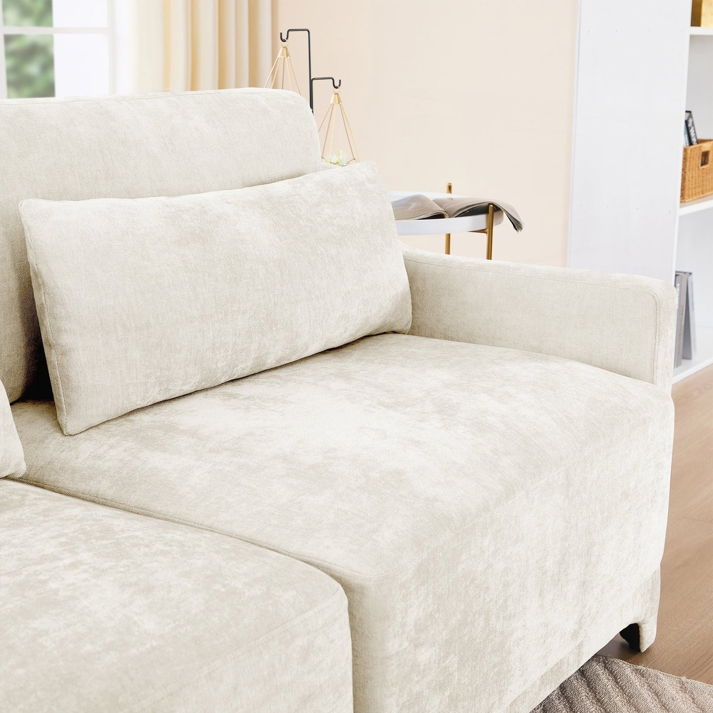 Four seater chenille sofa with lumbar pillow