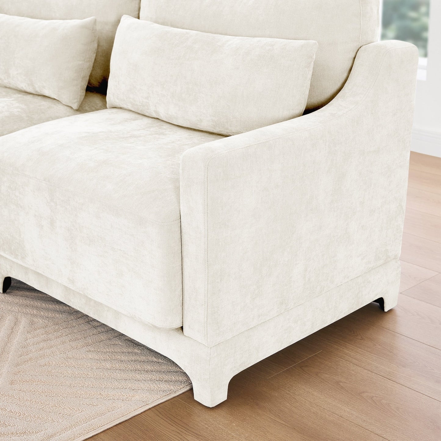 Four seater chenille sofa with lumbar pillow