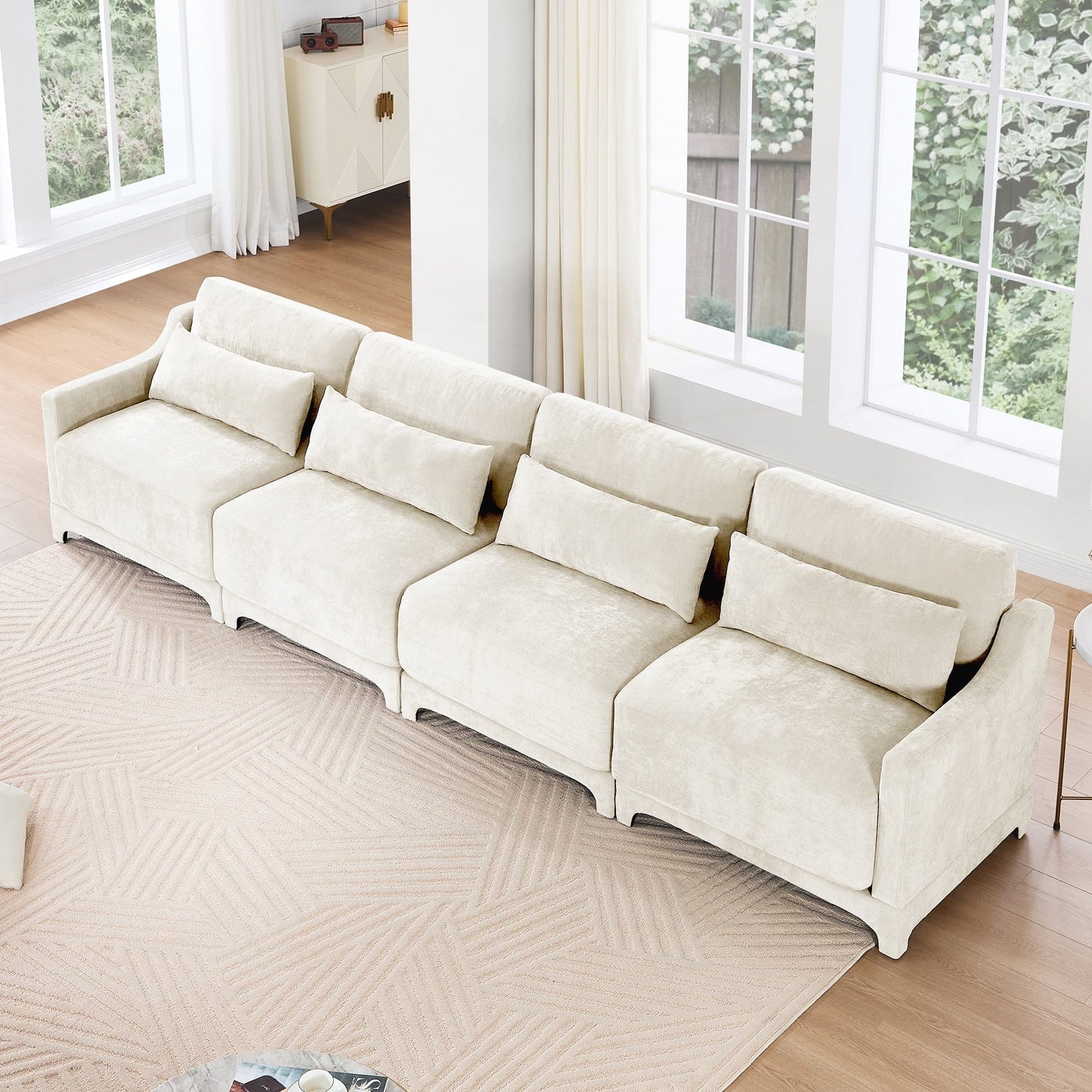 Four seater chenille sofa with lumbar pillow