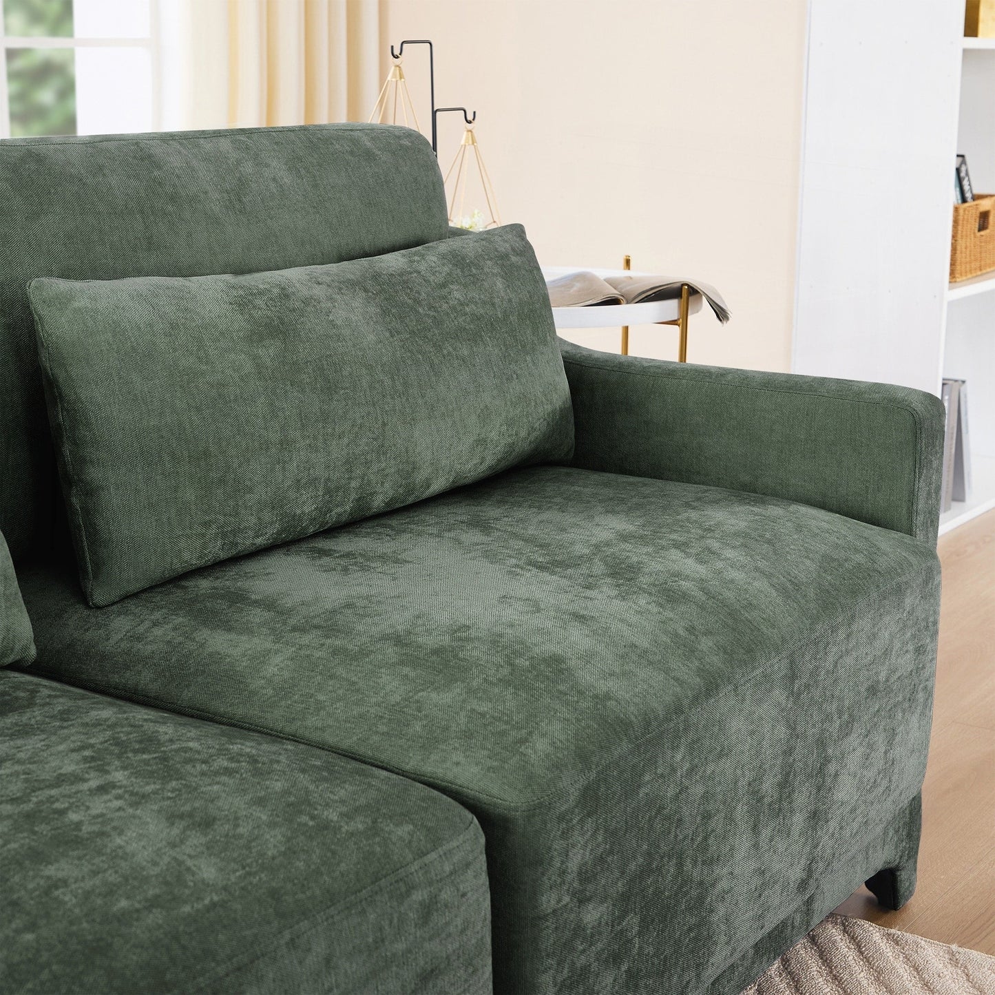 Four seater chenille sofa with lumbar pillow