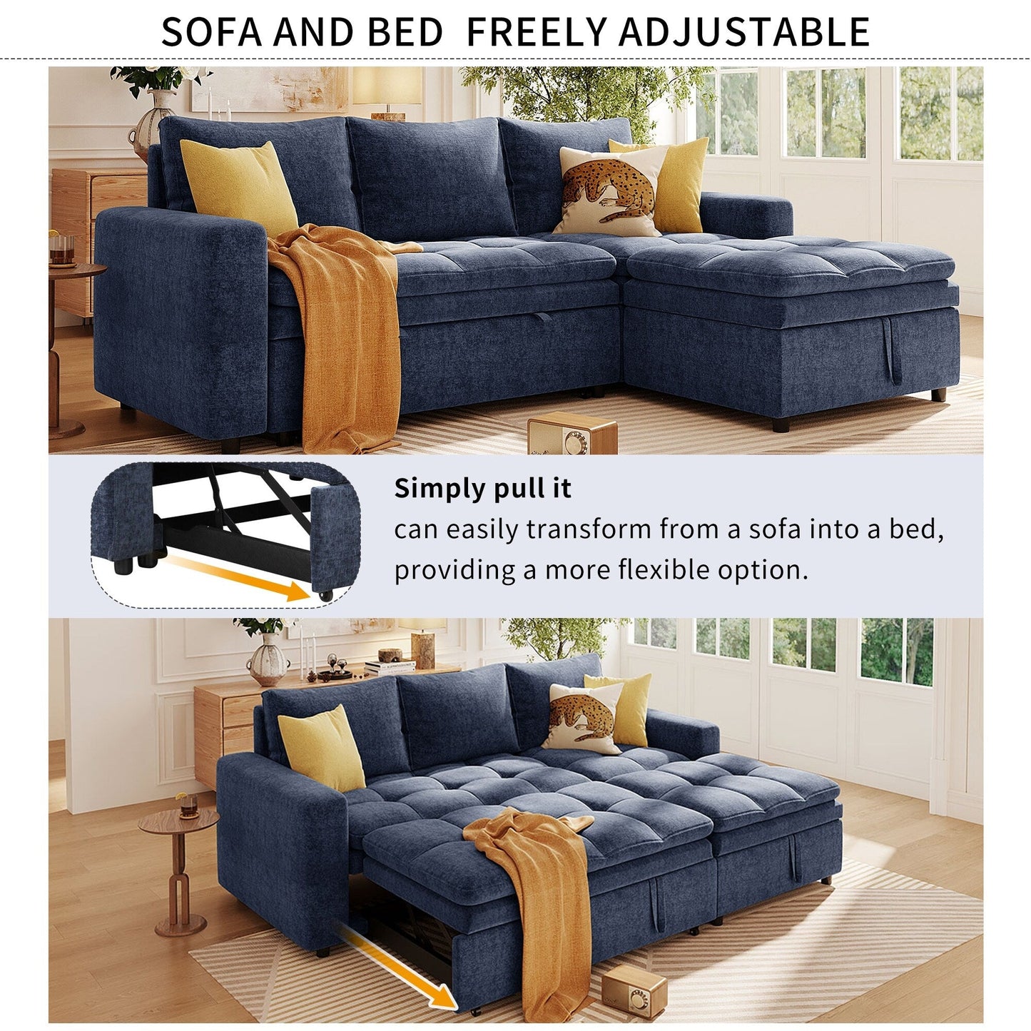 Free Conversion L-Shaped 3-Seat Sectional Sofa Bed with Storage Space and Removable Cushions for Living Room Apartment