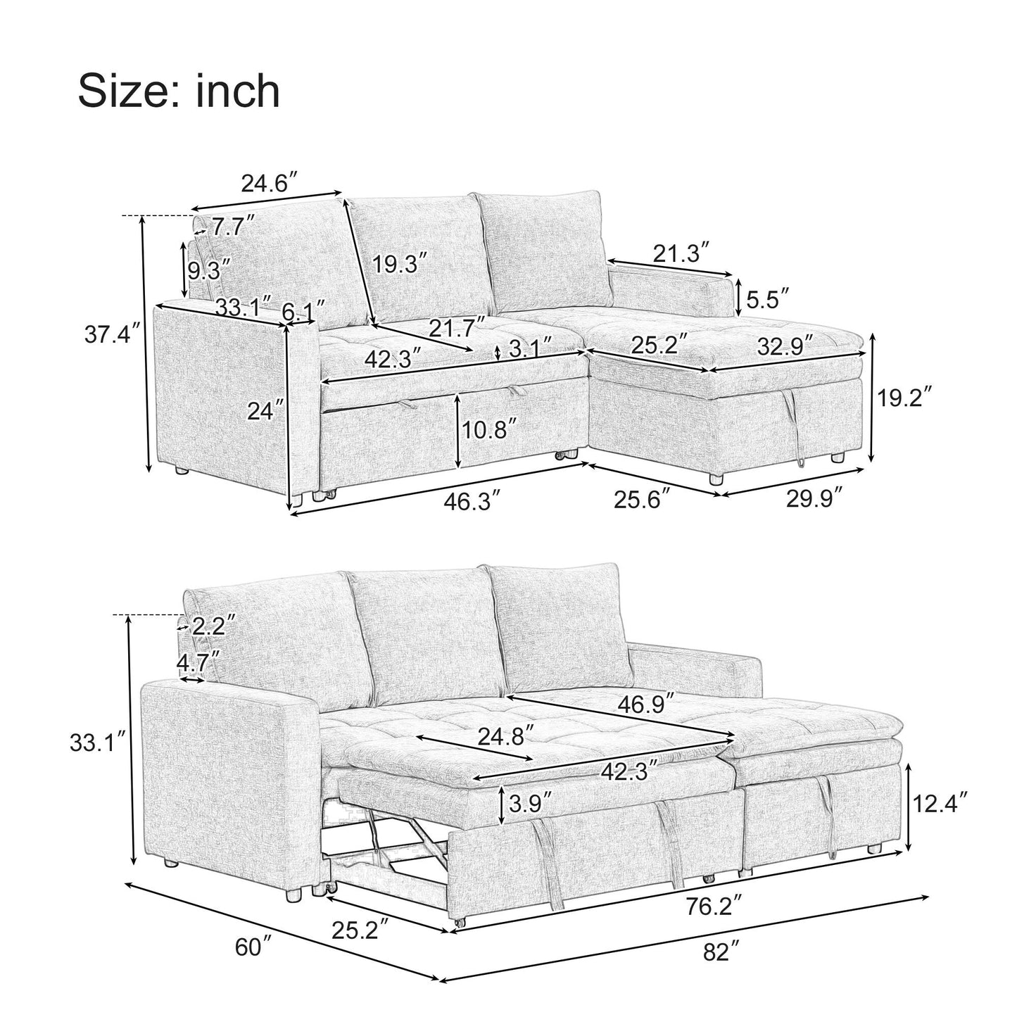 Free Conversion L-Shaped 3-Seat Sectional Sofa Bed with Storage Space and Removable Cushions for Living Room Apartment