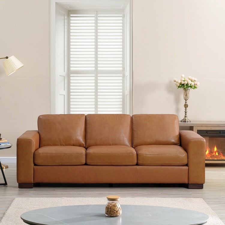 Oversized Genuine Leather Sofa - Ultimate Comfort Mid-Century Living Room Sofa Modern Couch with Sturdy Block Legs